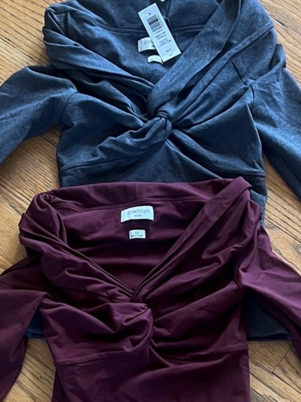 Aritzia Contour Off-Shoulder Twist LongSleeve: One in Gray, One in Burgundy